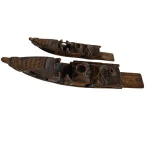 Pair of Antique Chinese Bamboo Hand Carved Fishing Boats/Incense Holders